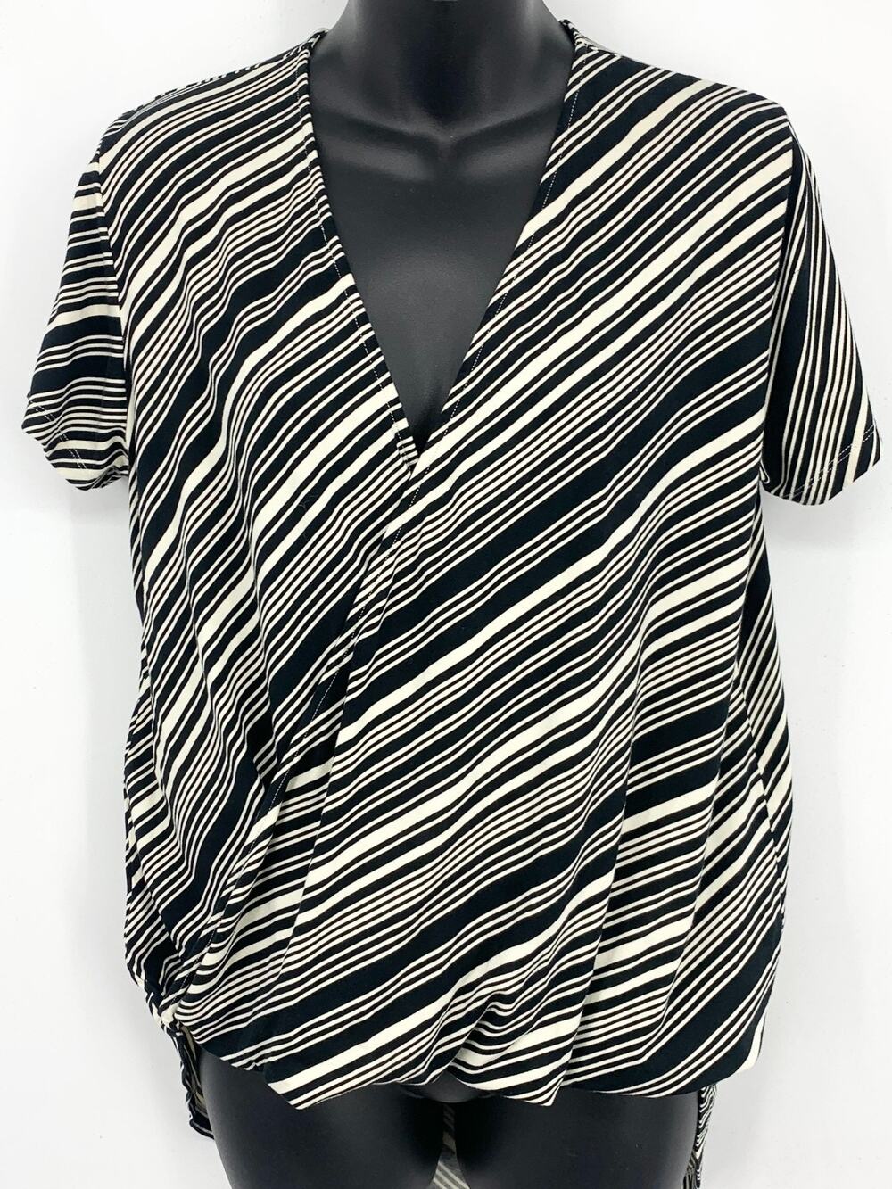Ava Sky Womens Tunic Blouse Medium Black White Wrap Top Business Casual Work